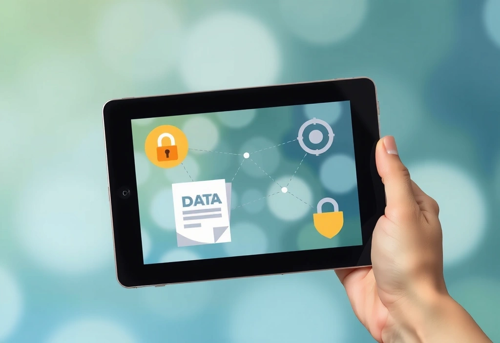 Ilustracja dłoni trzymającej dokument z ikonami prywatności i bezpieczeństwa