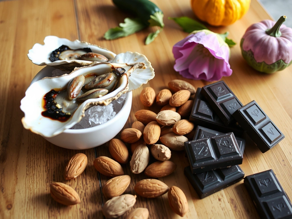 Różnorodność produktów bogatych w cynk, takich jak ostrygi, nasiona dyni, orzechy i ciemna czekolada, przedstawione w atrakcyjnej kompozycji.