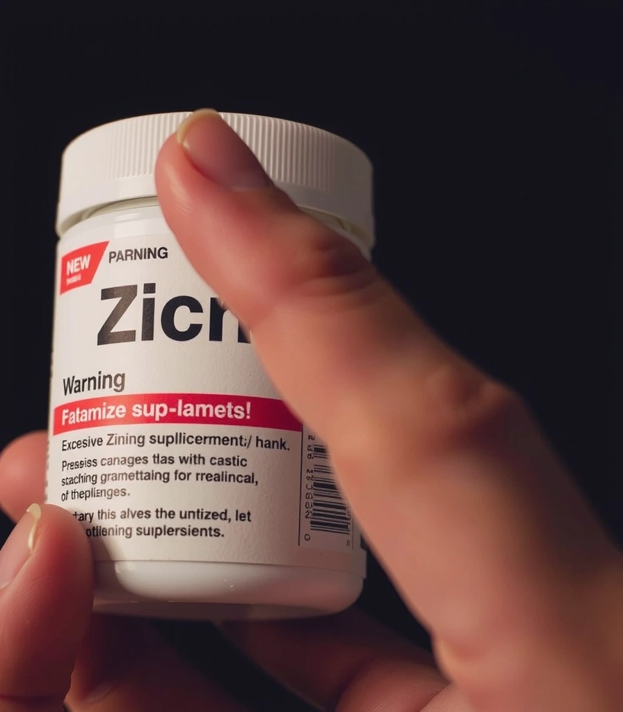 Zakręcona butelka suplementu cynku z ostrzegawczą naklejką, przedstawiona w sposób sugerujący ostrożność w dawkowaniu, na ciemnym, dramatycznym tle.