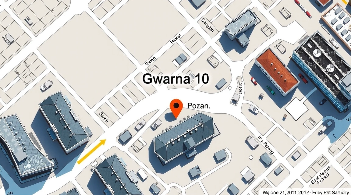 Dynamiczna mapa ulicy Gwarna 10 w Poznaniu z zaznaczoną pinezką lokalizacji. Widok z lotu ptaka.