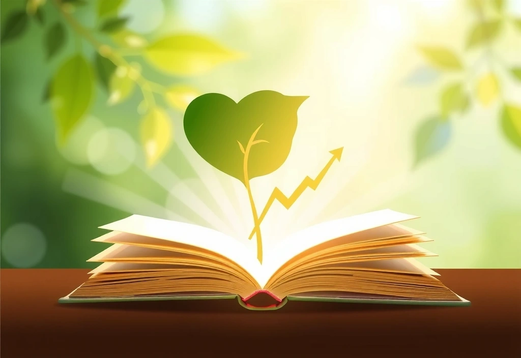 Ilustracja misji i wizji portalu zdrowotnego, przedstawiająca otwartą książkę z symbolami zdrowia i wzrostu