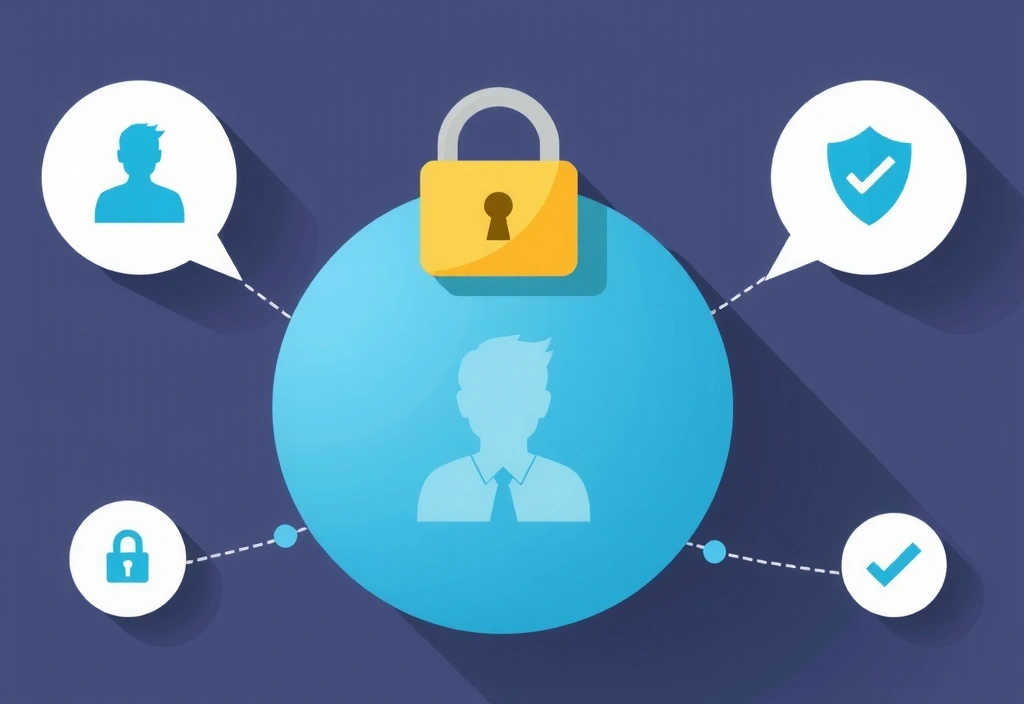 Ilustracja przedstawiająca bezpieczne dane osobowe, z ikonami kłódki i tarczy, symbolizującymi ochronę prywatności.