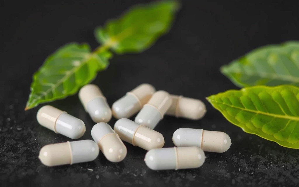 Kapsułki suplementu selenu na tle liści roślin