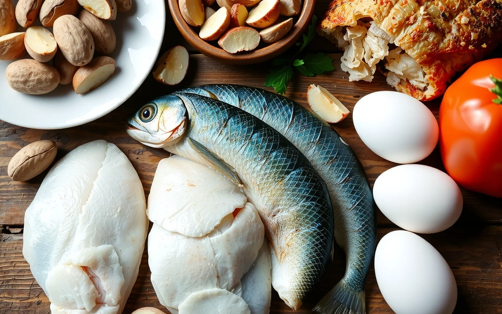 Różnorodne źródła selenu, takie jak orzechy brazylijskie, ryby i jajka, ułożone na rustykalnym stole