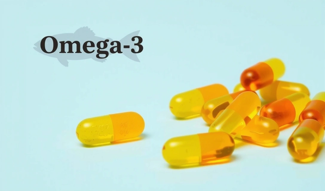 Kapsułki Omega-3 na błękitnym tle, z rybą i falą w tle.