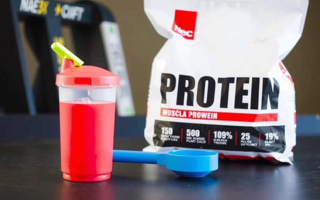 Szejker białkowy, miarka i sproszkowane białko w tle, symbolizujące suplementy białkowe.