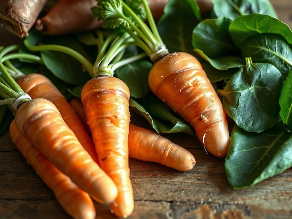 Świeże marchewki i inne warzywa bogate w witaminę A leżące na drewnianym stole, symbolizujące zdrowe odżywianie.