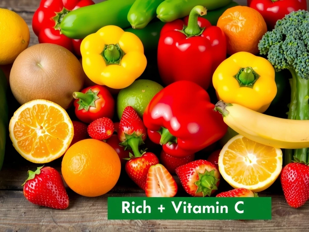 Różnorodność owoców i warzyw bogatych w Witaminę C, takich jak pomarańcze, kiwi, truskawki, papryka i brokuły, ułożonych artystycznie na drewnianym stole, podkreślających naturalne źródła witaminy i jej świeżość.
