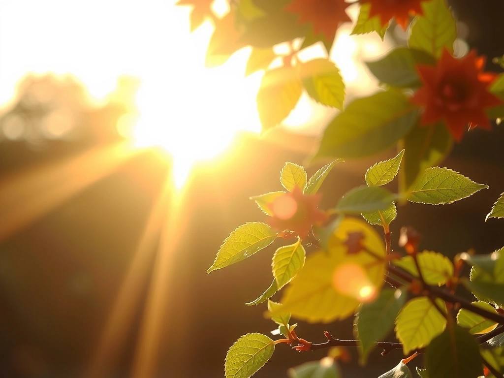 Promienie słońca padające na zielone liście, symbolizujące naturalne źródła witaminy D i energię.