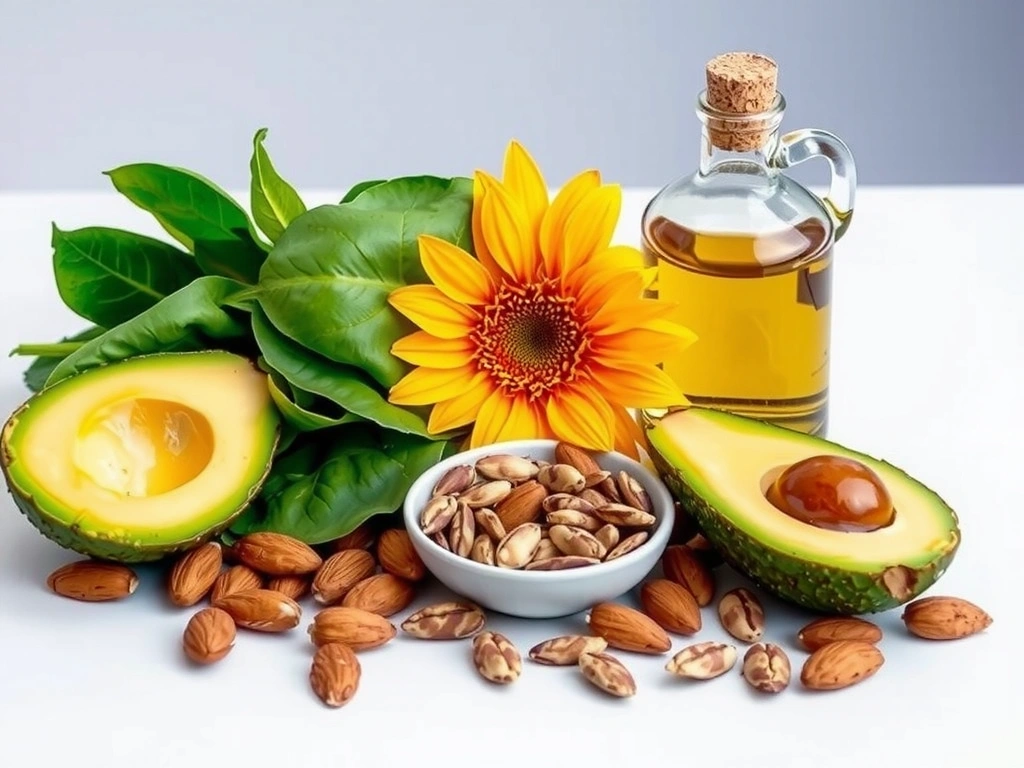 Różnorodne źródła Witaminymineralyzdrowiev E, w tym orzechy, nasiona, awokado i oleje roślinne