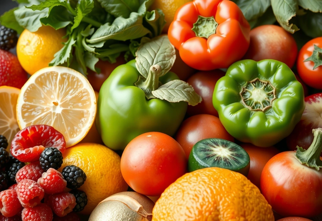 Różnorodne świeże owoce i warzywa symbolizujące zdrowe odżywianie i witaminy