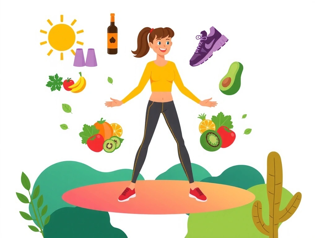 Ilustracja przedstawiająca zrównoważony styl życia z elementami natury i zdrowej żywności.