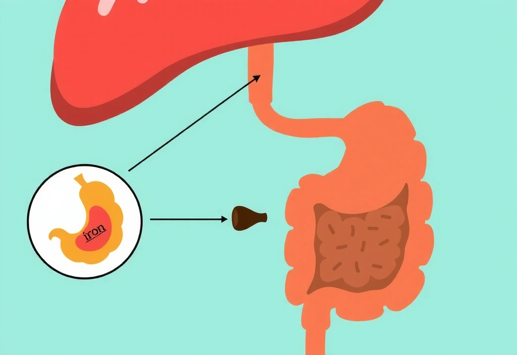 Ilustracja procesu trawienia pożywienia w żołądku, z żelazem uwalnianym z pokarmu.
