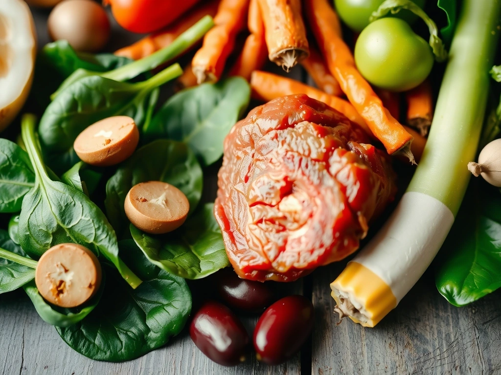 Różnorodne źródła żelaza, w tym czerwone mięso, szpinak i rośliny strączkowe, ułożone na rustykalnym drewnianym stole.