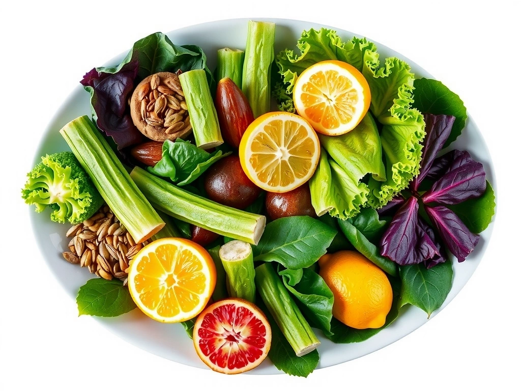 Talerz z różnorodnymi warzywami liściastymi, nasionami i owocami cytrusowymi, symbolizujący źródła żelaza niehemowego i witaminy C.
